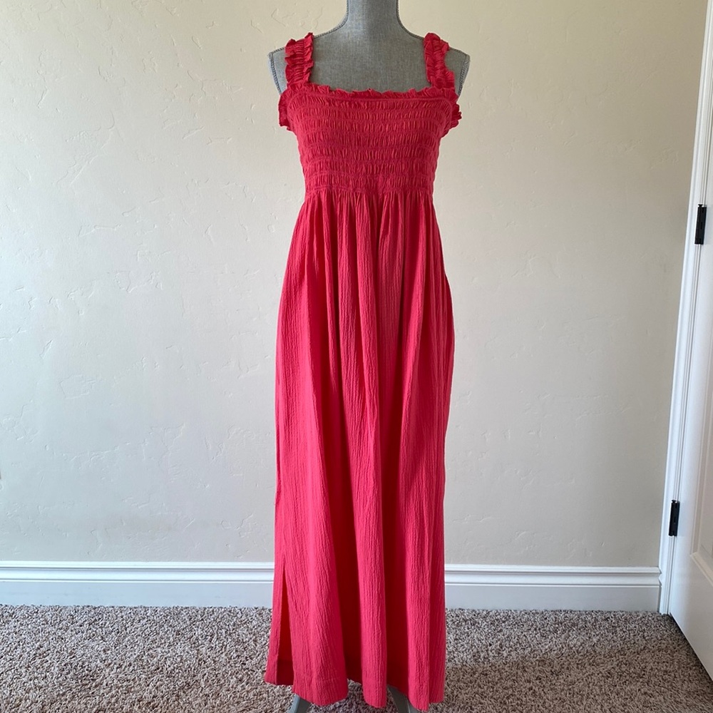 Calvin Klein Women's Sleeveless Maxi Dress with Smocked Bodice Coral Pink